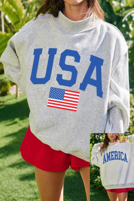 Light Grey Mock Neck Reversible USA/America Graphic Sweatshirt LC25321366-P1011