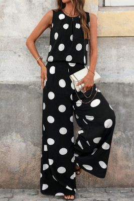 Black Polka Dot Print Pleated Round Neck Tank Casual Wide Leg Two-Piece Outfit LC629095-P220