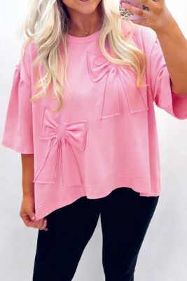 Pink Solid Color Raw Edge Bow Patch Loose T Shirt LC25231001-P10