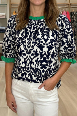 Black Damask Print Ruffled Color Block Detail Half Sleeve Blouse LC25136022-P220