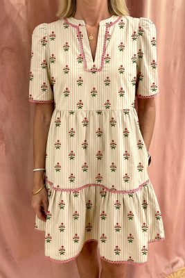 Apricot Striped Floral Print Contrast Detail Ruffle Hem Short Dress LC6128317-P1820