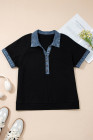 Black Plus Size Textured Contrast Denim Patchwork Button Polo Tee