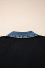 Black Plus Size Textured Contrast Denim Patchwork Button Polo Tee