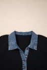 Black Plus Size Textured Contrast Denim Patchwork Button Polo Tee