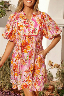 Pink Striped Floral Print Tie Neck Puff Sleeve Loose Mini Dress LC6128601-P1020