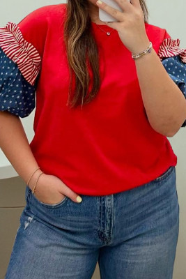 Fiery Red Plus Size Striped Ruffles Star Short Bubble Sleeve Patchwork Top PL25135385-P3