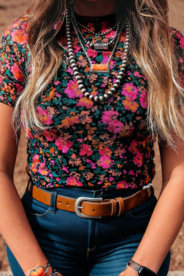 Rose Plus Size Floral Mesh Short Sleeve Top PL25136182-P620