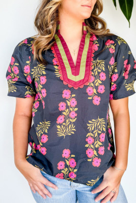 Black Plus Size Floral Print Ricrac Striped Trim Short Sleeve Cotton Blouse PL25134665-P220