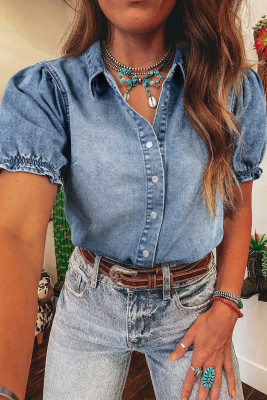 Beau Blue Frilled Short Sleeve Snap Button Denim Shirt LC7821635-P804