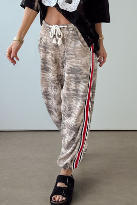 Khaki Camouflage Print Striped Side Panel Patchwork Drawstring Pants LC7714315-P1620