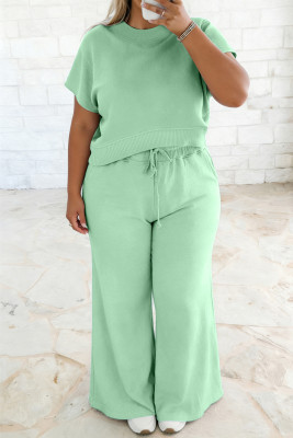 Clearly Aqua Solid Color Ribbed Trim Short Sleeve Top Drawstring Loose Pants 2pcs Outfit PL629061-P2709