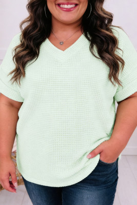 Clearly Aqua V Neck Short Sleeve Plus Size Waffle Knit Top PL25135367-P2709