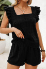 Black Textured Square Neck Top and Shirred High Waist Shorts Set