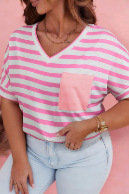 Pink Stripe Colorblock Patched Pocket V Neck Plus Size Tee PL25230418-P1019
