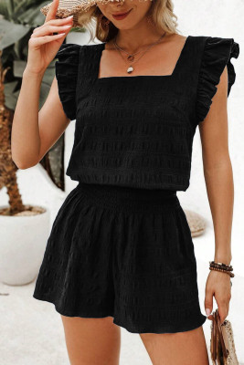 Black Textured Square Neck Top and Shirred High Waist Shorts Set LC627669-P2