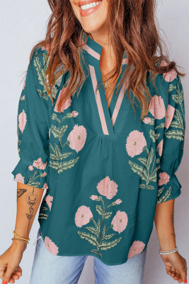 Green Casual Wild Flower Print V Neck 3/4 Sleeve Blouse LC25135482-P920