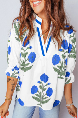 Sky Blue Casual Wild Flower Print V Neck 3/4 Sleeve Blouse LC25135482-P420