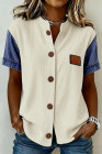 Beige Denim Patchwork Short Sleeve Ribbed Shirt