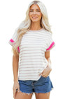 Khaki Stripe Color Block Trim Round Neck Short Sleeve Top