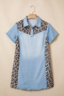 Myosotis Denim Color Block Leopard Patchwork Shirt Collar T Shirt Mini Dress