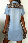 Myosotis Denim Color Block Leopard Patchwork Shirt Collar T Shirt Mini Dress