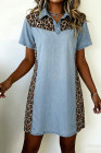 Myosotis Denim Color Block Leopard Patchwork Shirt Collar T Shirt Mini Dress
