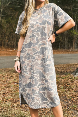Multicolour Camouflage Print Short Sleeve Drop Shoulder Side Slit Casual Dress LC6128899-P22