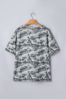 Green Retro Camouflage Print Raw Edge V Neck Tee