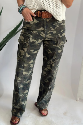 Green Camouflage Print Multi Pocketed Womens Denim Pants LC7876289-P920