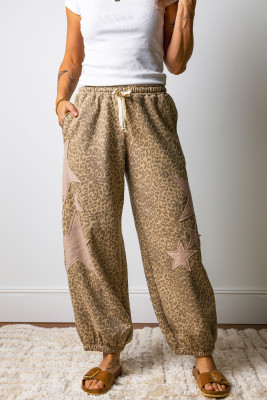 Khaki Leopard Print Star Patched Drawstring Elastic Waist Jogger Pants LC7714471-P1620