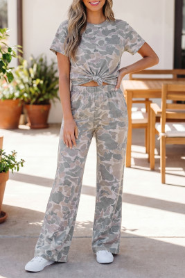 Multicolour Camouflage Short Sleeve Top and High Waist Wide Leg Pants Set LC629236-P22