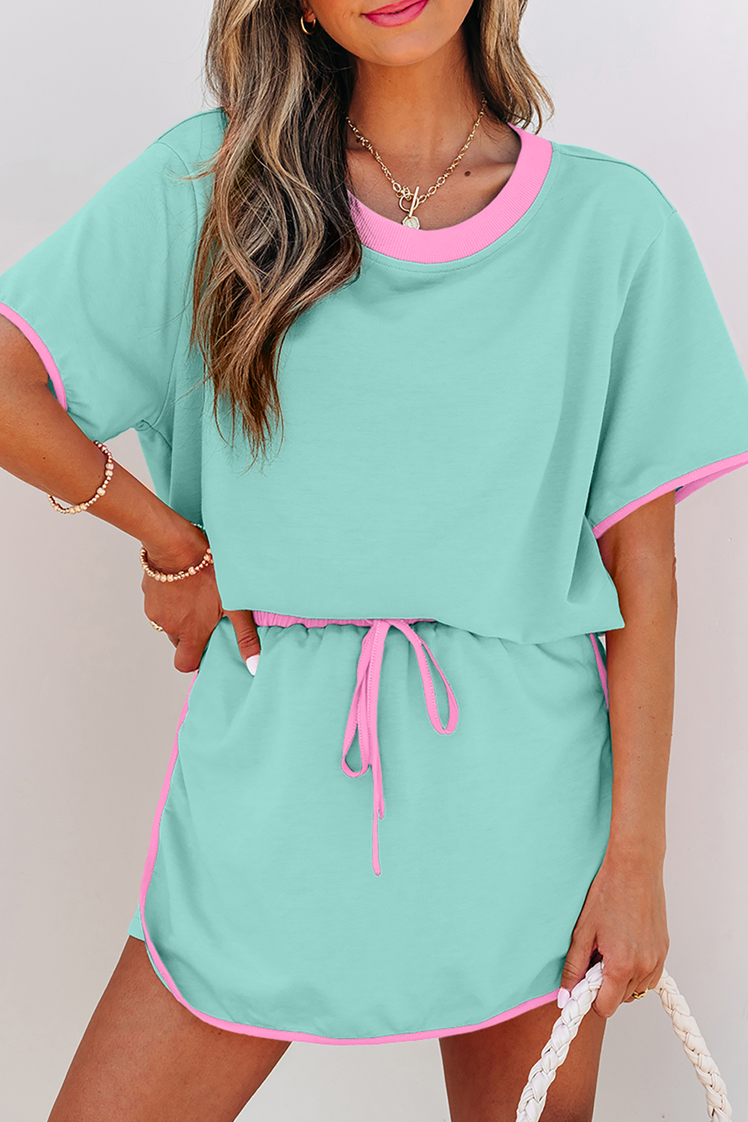 Jade Colorblock US$ 14.97 Drop-shipping Moonlight Jade Colorblock Edge Drop Shoulder T ...