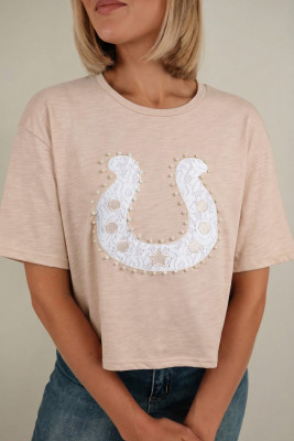 Smoke Gray Lace Pearled Decor Horse Shoe Graphic Western T Shirt LC25230403-P7016