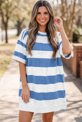Blue Stripe Raw Seam Shoulder Detail Casual Tee Dress LC6128956-P519