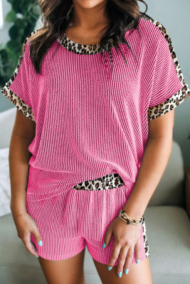 Sachet Pink Leopard Trim Twist Ribbed Short Set LC629110-P406