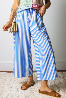 Sky Blue Stripe Drawstring Elastic Waist Patch Pocket Wide Leg Ankle-length Pants LC7714470-P419