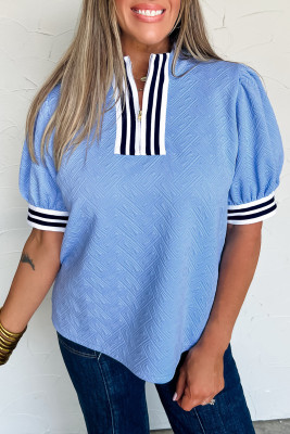 Myosotis Stylish Textured Stripe Trim Split Neck Puff Sleeve Top LC25230137-P1204