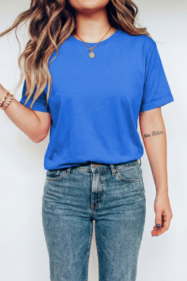 Dark Blue Casual Plain Crew Neck Tee LC25224551-P5