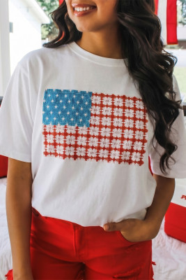 White Fancy Embroidered Patch Flag Casual T Shirt LC25231193-P1