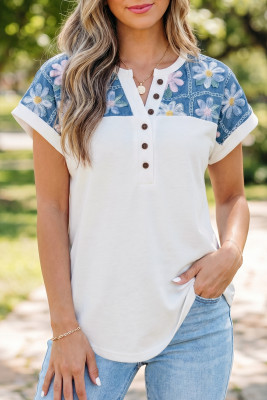 White Floral Patchwork Short Sleeve Viscose Blend Blouse LC25136761-P1