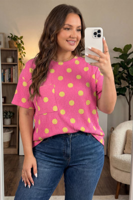 Pink Twisted Rib Polka Dot Print Plus Size T Shirt PL25231244-P1020