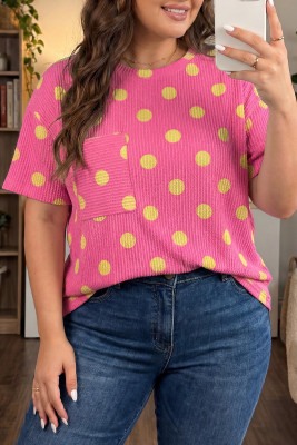 Pink Twisted Rib Polka Dot Print Plus Size T Shirt PL25231244-P1020