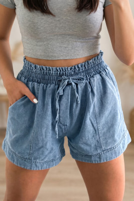 Dusk Blue Smocked Elastic Waist Denim Shorts LC7876647-P704