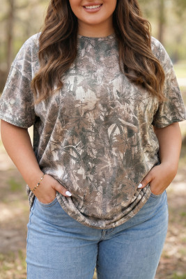 Khaki Plus Size Woodland Camouflage Print T Shirt PL25230443-P1620