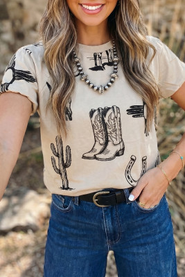 Beige Retro Western Print T Shirt LC25231906-P15