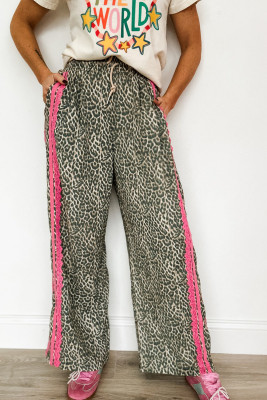 Brown Wild Leopard Print Contrast Lace Striped Detail Drawstring Pants LC7714467-P101720