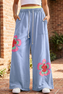Sky Blue Color Block Flower Patchwork Drawstring Contrasted Elastic Waist Wide Leg Pants LC7714395-P304