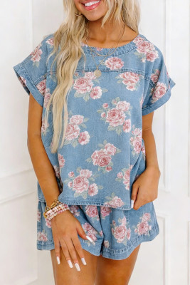 Sky Blue Floral Denim Short Sleeve Top Loose Shorts 2pcs Set LC7821670-P420