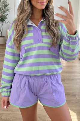 Purple Stripe Snap Button Long Sleeve Henley Top Contrast Shorts Two Piece Set LC629630-P819