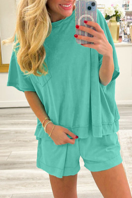 Mint Green Raw Edge Patch Pocket Oversized Top and Shorts Set LC629530-P1009